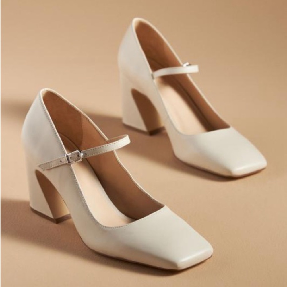 Anthropologie Cream Block Heel Mary Janes